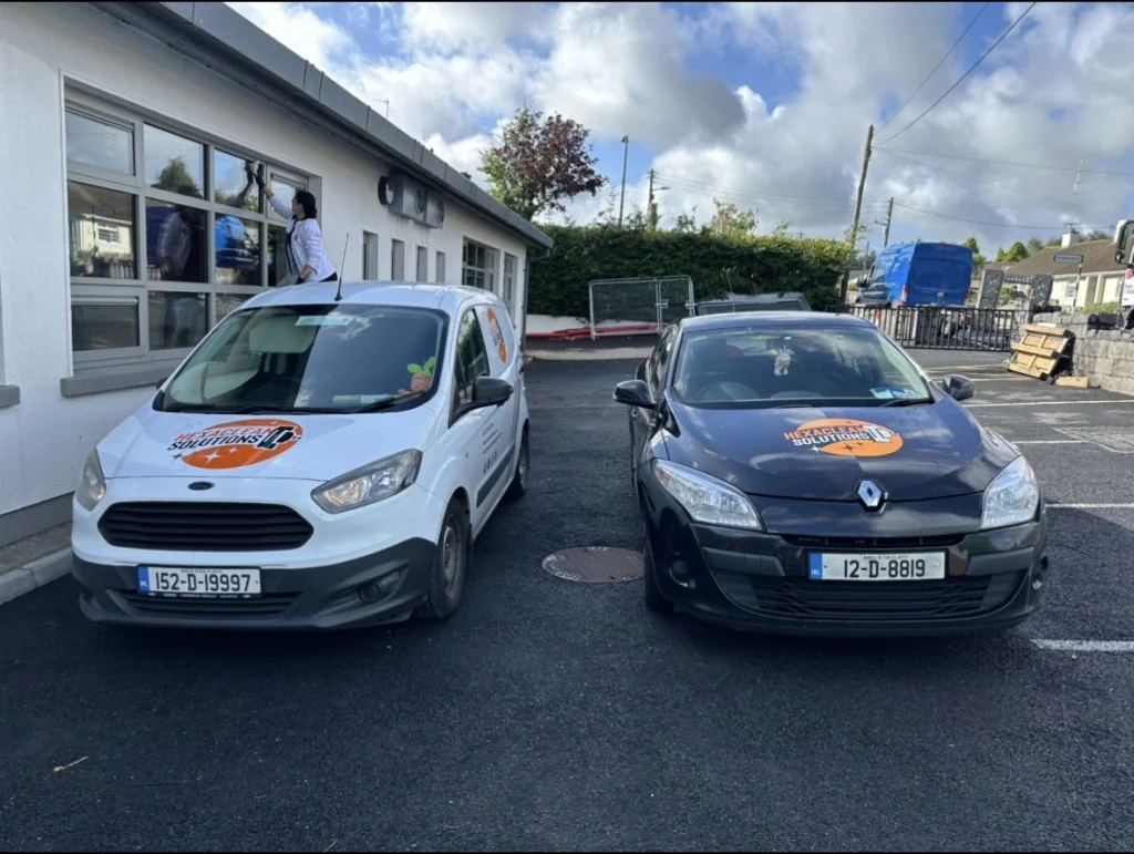 Hexaclean Solutions branded van and car in Dún Laoghaire, Foxrock, and Ballycoolin — representing Dublin’s trusted professional cleaning company for residential and commercial clients.