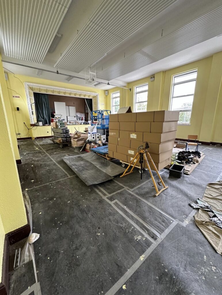 School assembly hall during construction works before post-construction clean, Ireland