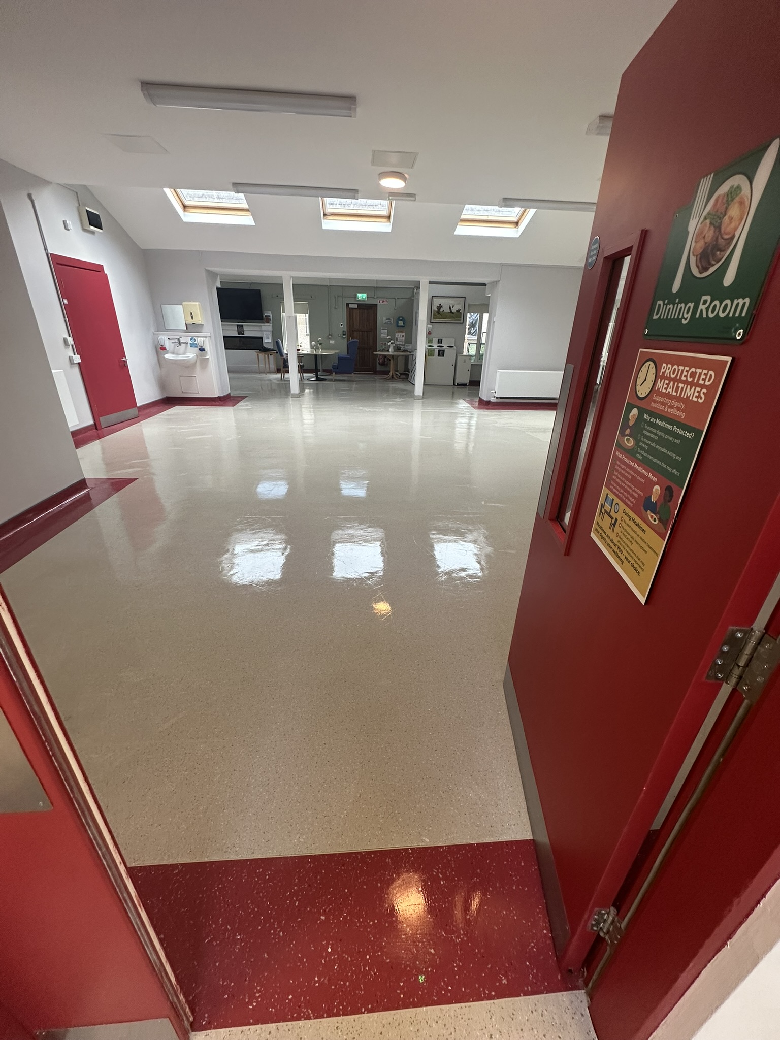 Dining room entrance with polished floor after post construction clean Baltinglass Community Hospital