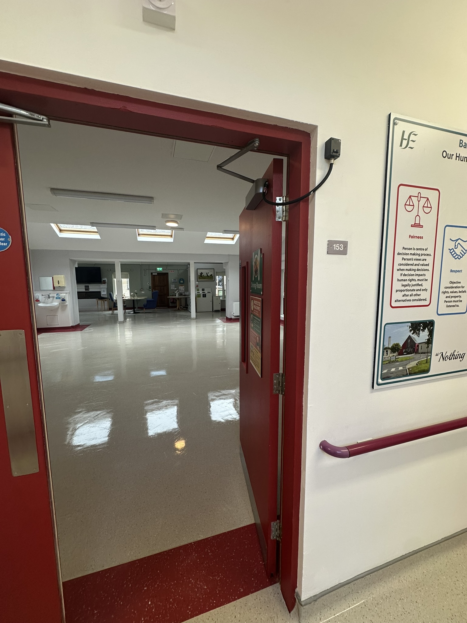Dining room doorway with polished floor after post construction clean Baltinglass Community Hospital