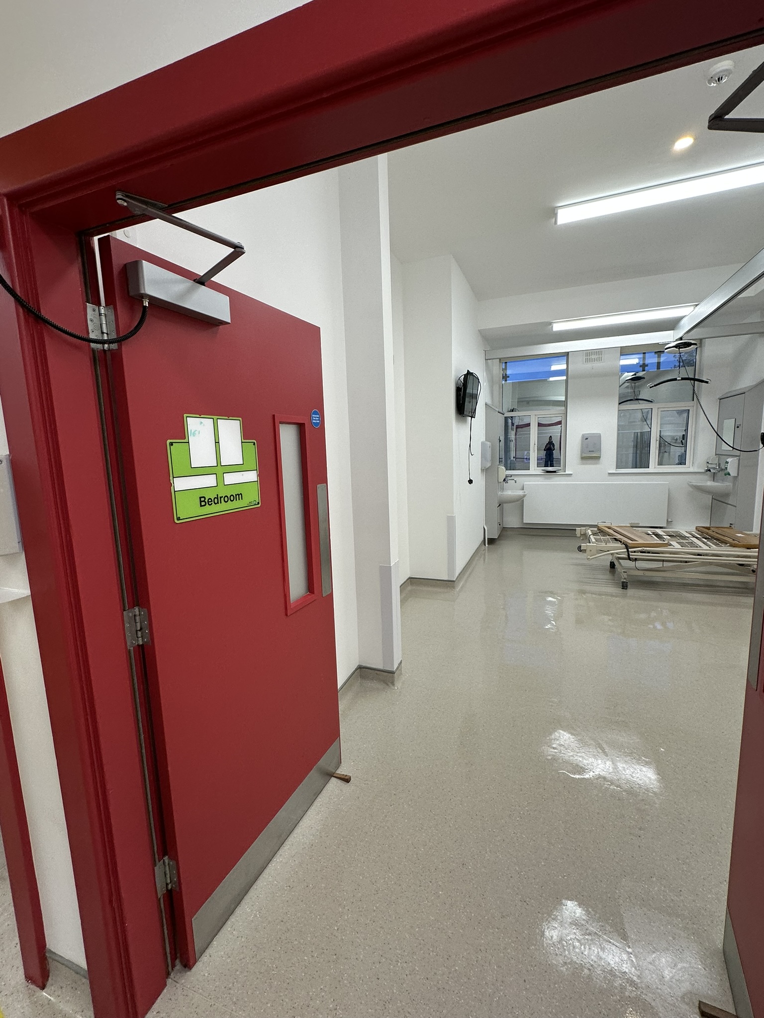 Hospital bedroom entrance with polished floor after builders clean Baltinglass Community Hospital