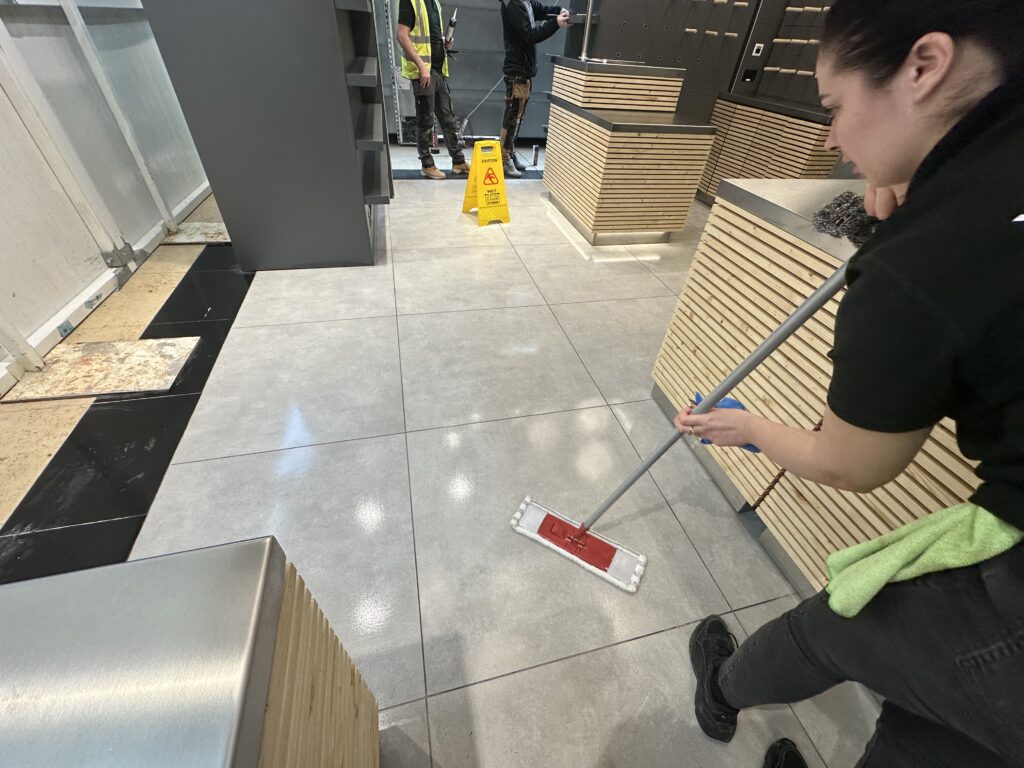 Commercial floor tiles polished after post construction clean Dunnes Stores