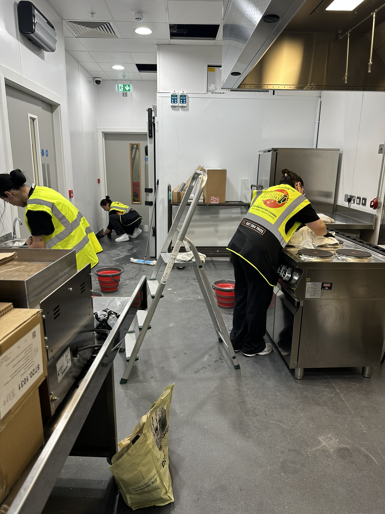 Hexaclean team carrying out after builders cleaning of the new commercial kitchen at Dunnes Stores, Beacon Court in Sandyford, Dublin.