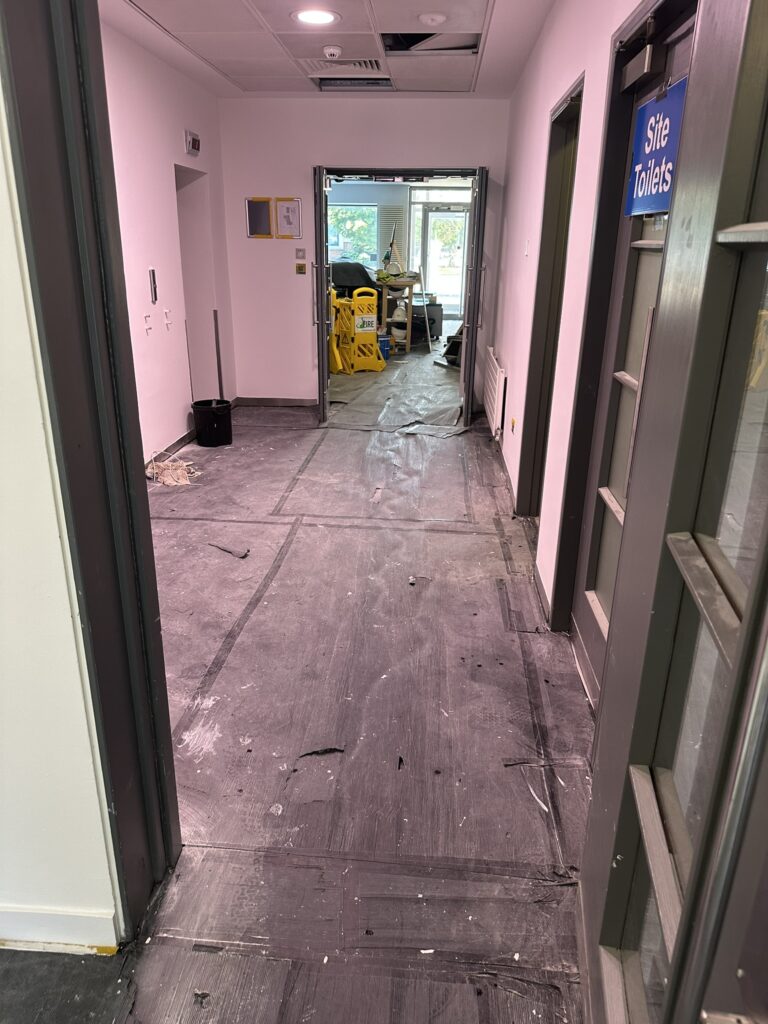 Office fit out before after builders cleaning showing construction dust and debris in Dublin.