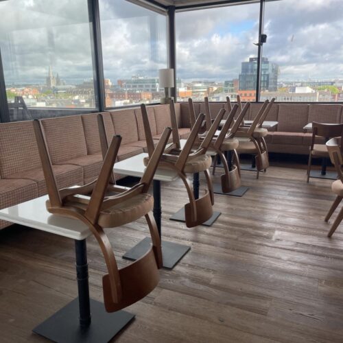 Hexaclean Solutions completing restaurant fit out cleaning at Dean Hotel Dublin rooftop dining area for PureFitout