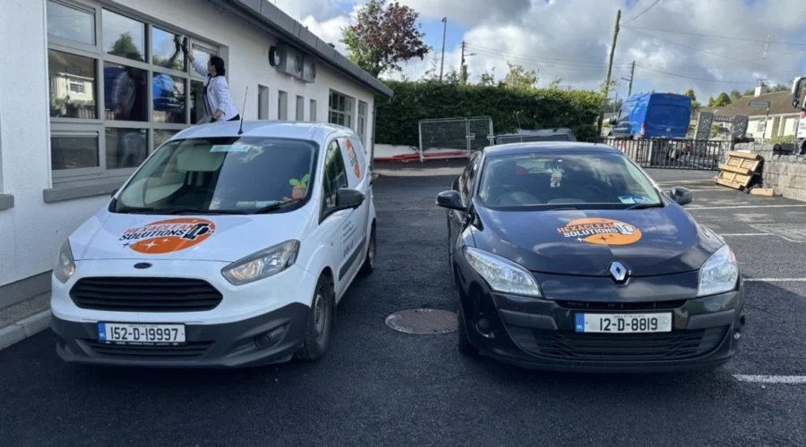Hexaclean Solutions branded van and car in Dún Laoghaire, Foxrock, and Ballycoolin — representing Dublin’s trusted professional cleaning company for residential and commercial clients.